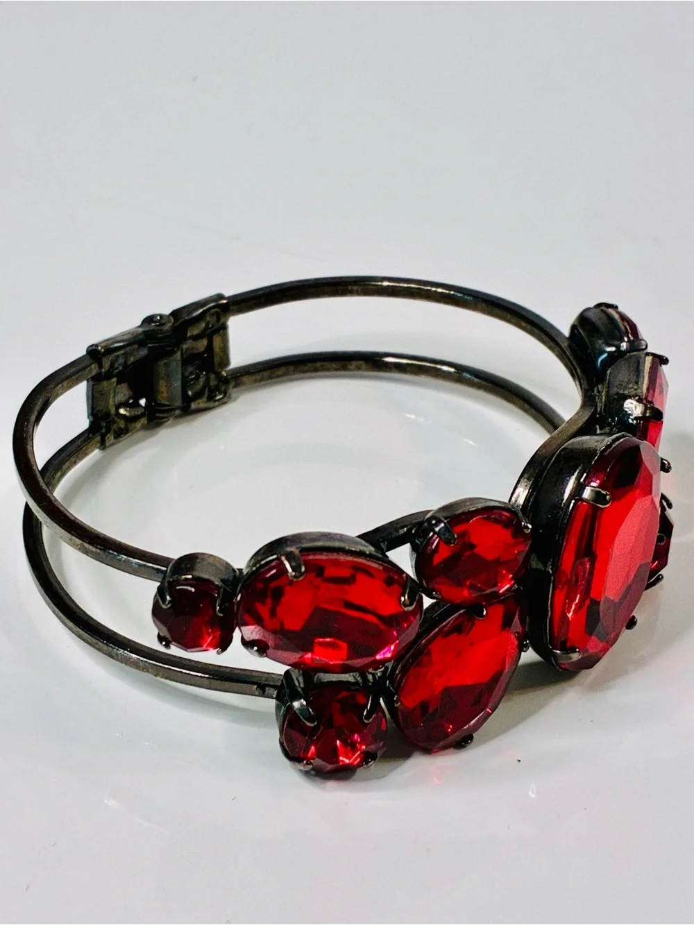 Bold Crimson Red Crystal Statement Cuff Clamper Bracelet - Women's Jewelry